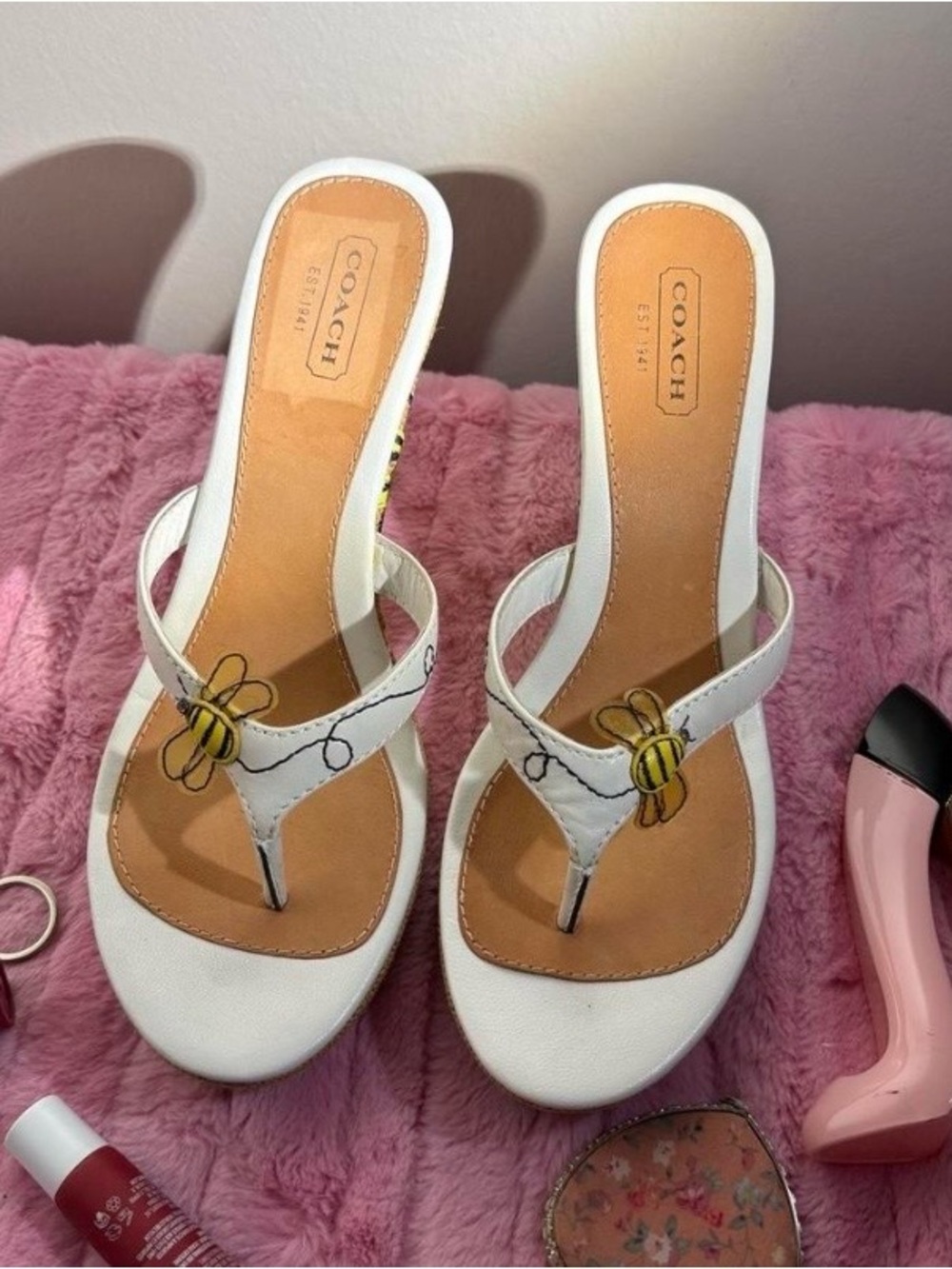 COACH White Bee-Embellished Leather Thong Sandals